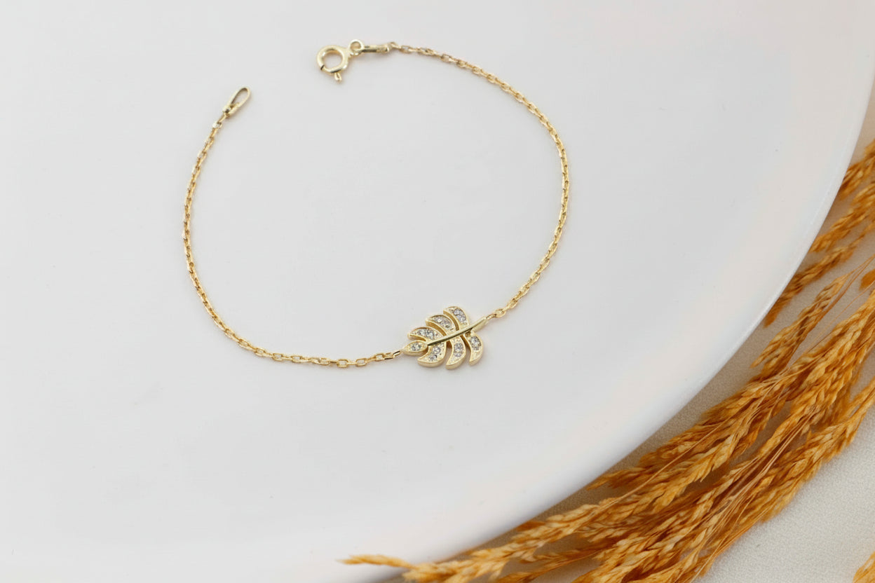 Monstera Magic Bracelet - Dainty Tropical Leaf with Sparkling CZ Stone