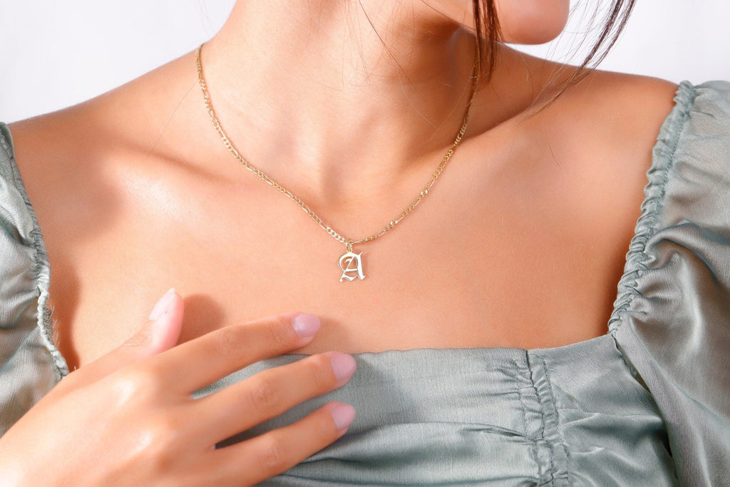 Figaro Chain Necklace with Custom Old English Initial - Unique Gothic Letter Jewelry for Him & Her