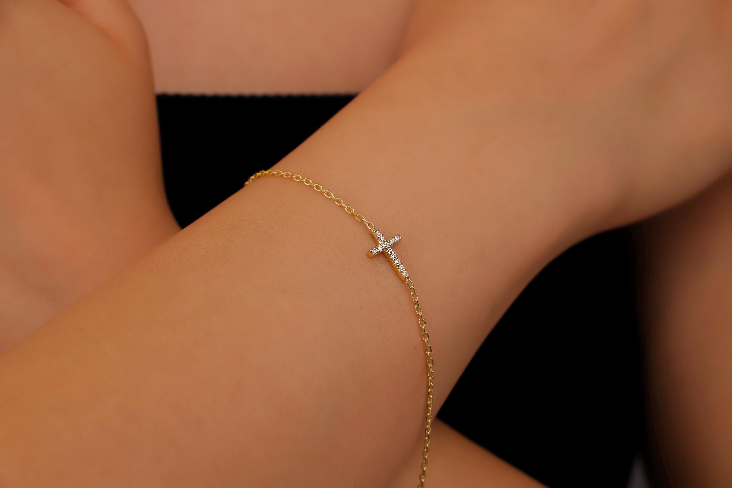 Gleam & Grace Gold Cross Bracelet with Diamond - Dainty Gift for Women