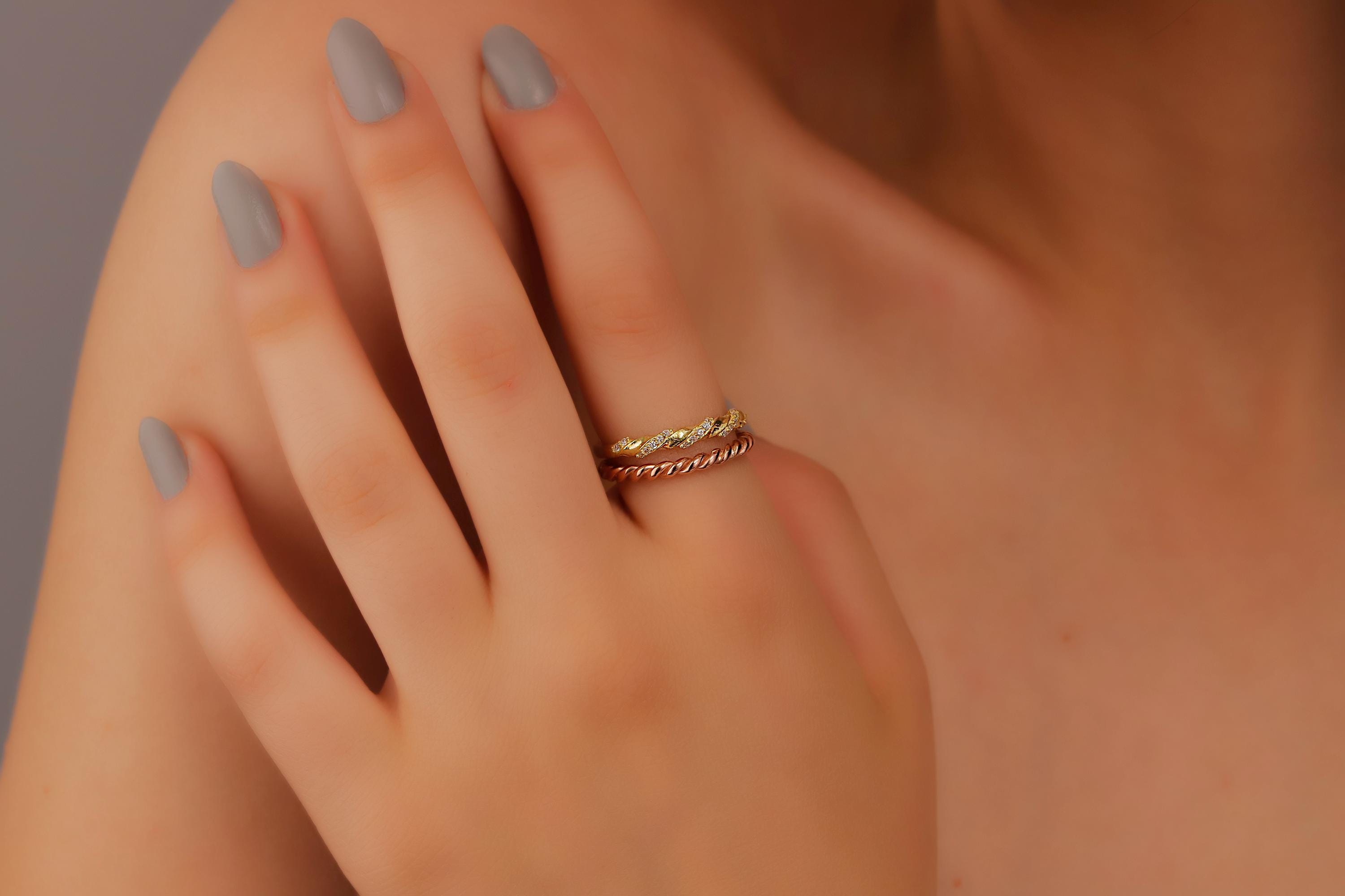 Twisted Rose Gold Diamond Ring Set - Sparkling Pave Design for Stunning Stacking
