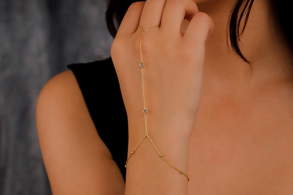 Glamour Gold Beaded Hand Chain Bracelet with Dazzling CZ Stone