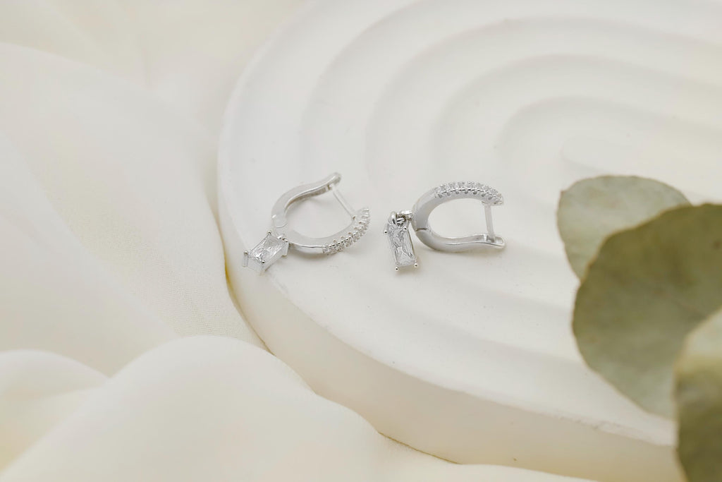 SilverGoldandRose Diamond Baguette Hoops - Dainty Charm Earrings for Bridesmaids