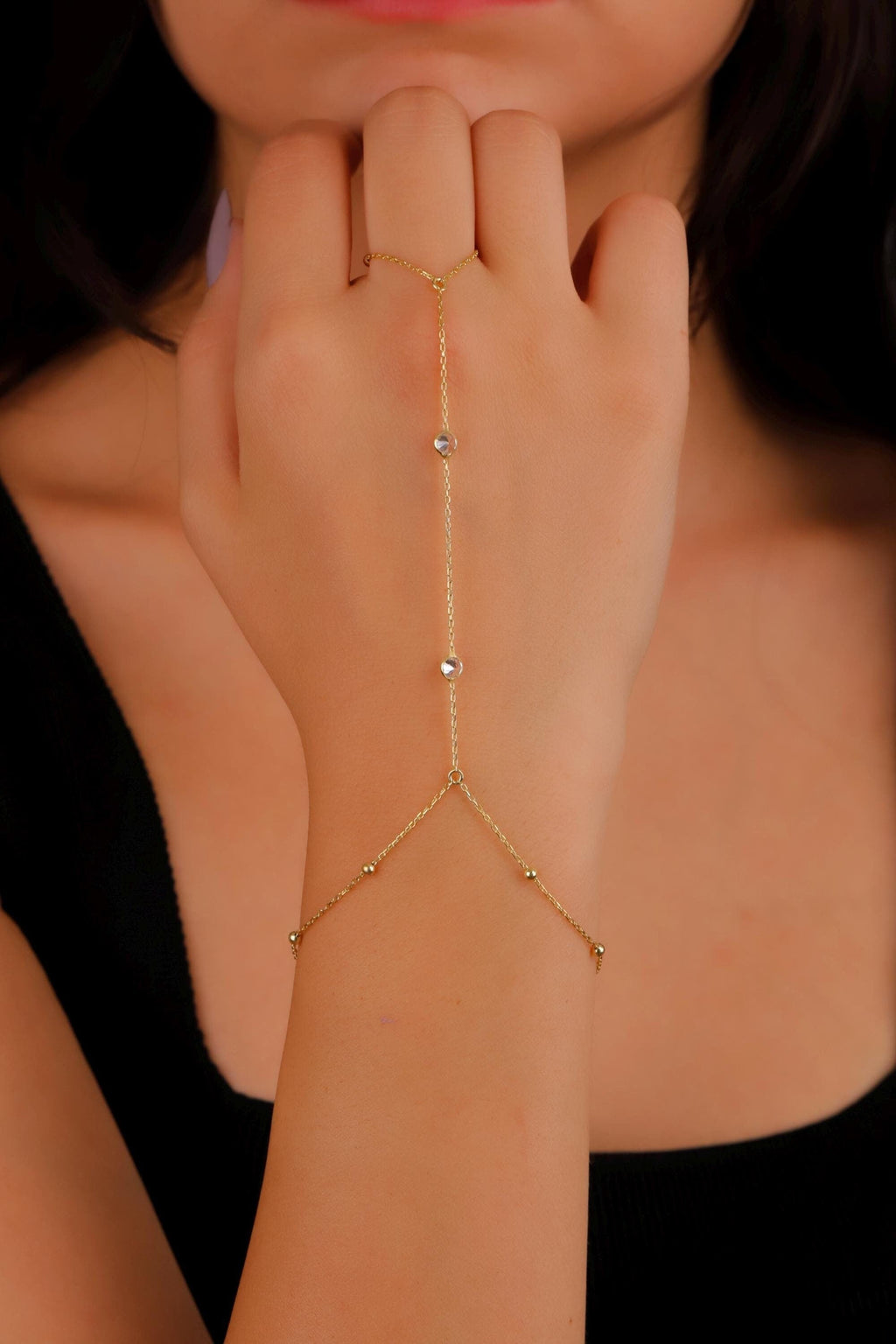 Glamour Gold Beaded Hand Chain Bracelet with Dazzling CZ Stone
