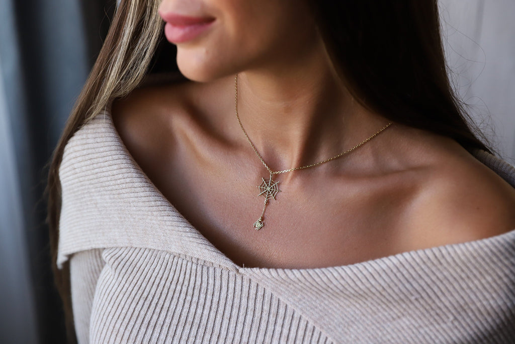 Spooktacular Charm: Halloween Spider Web Necklace with Dazzling Crystal Accents