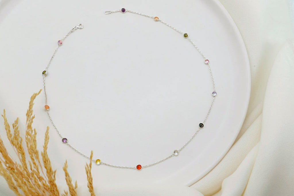 Dainty Rainbow Crystal Gemstone Necklace in 925 Sterling Silver, Gold, and Rose