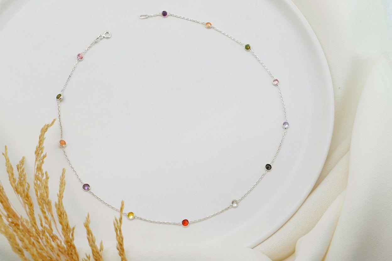Dainty Rainbow Crystal Gemstone Necklace in 925 Sterling Silver, Gold, and Rose