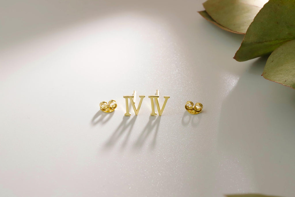 Roman Numeral Personalized Minimalist Earrings | Sterling Silver & Gold Dainty Studs for Unique Gifts