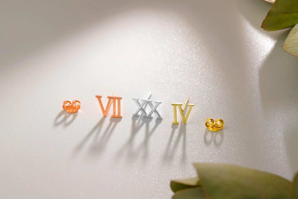 Roman Numeral Personalized Minimalist Earrings | Sterling Silver & Gold Dainty Studs for Unique Gifts