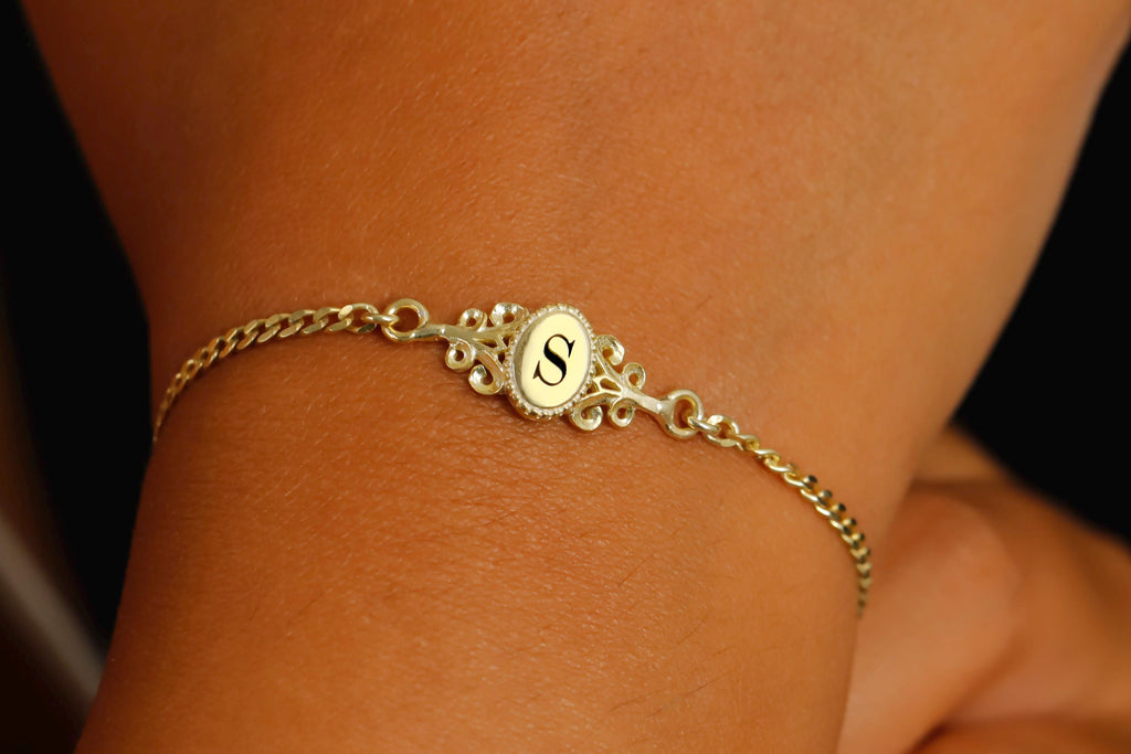 Personalized Vintage Letter Bracelet | 925 Sterling Silver | Birth Flower & Monogram Gift