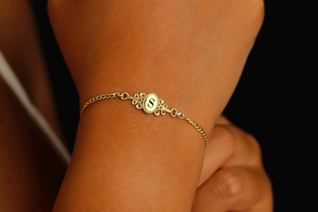 Personalized Vintage Letter Bracelet | 925 Sterling Silver | Birth Flower & Monogram Gift