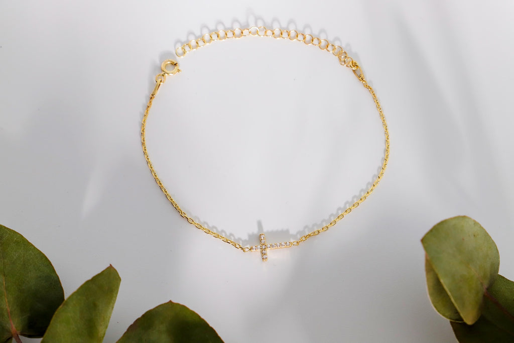 Gleam & Grace Gold Cross Bracelet with Diamond - Dainty Gift for Women