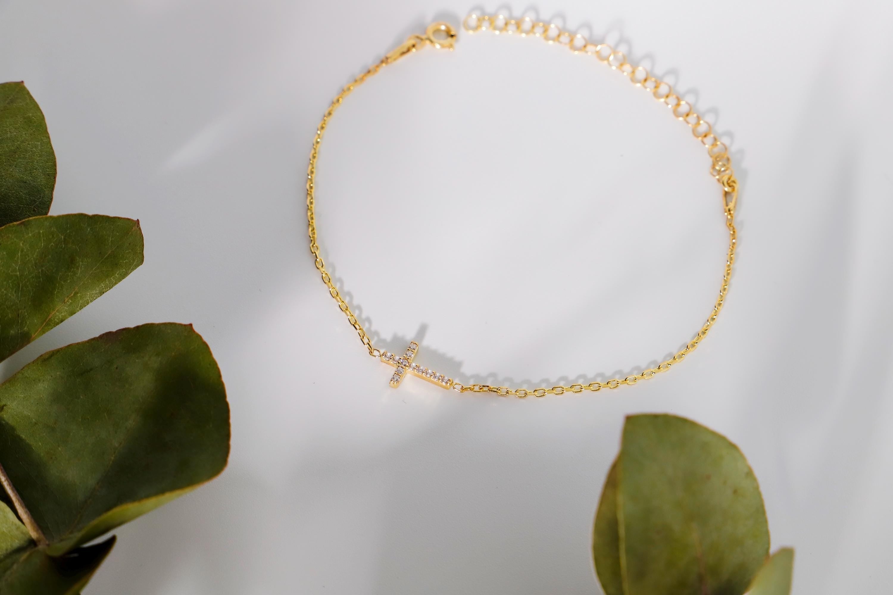 Gleam & Grace Gold Cross Bracelet with Diamond - Dainty Gift for Women