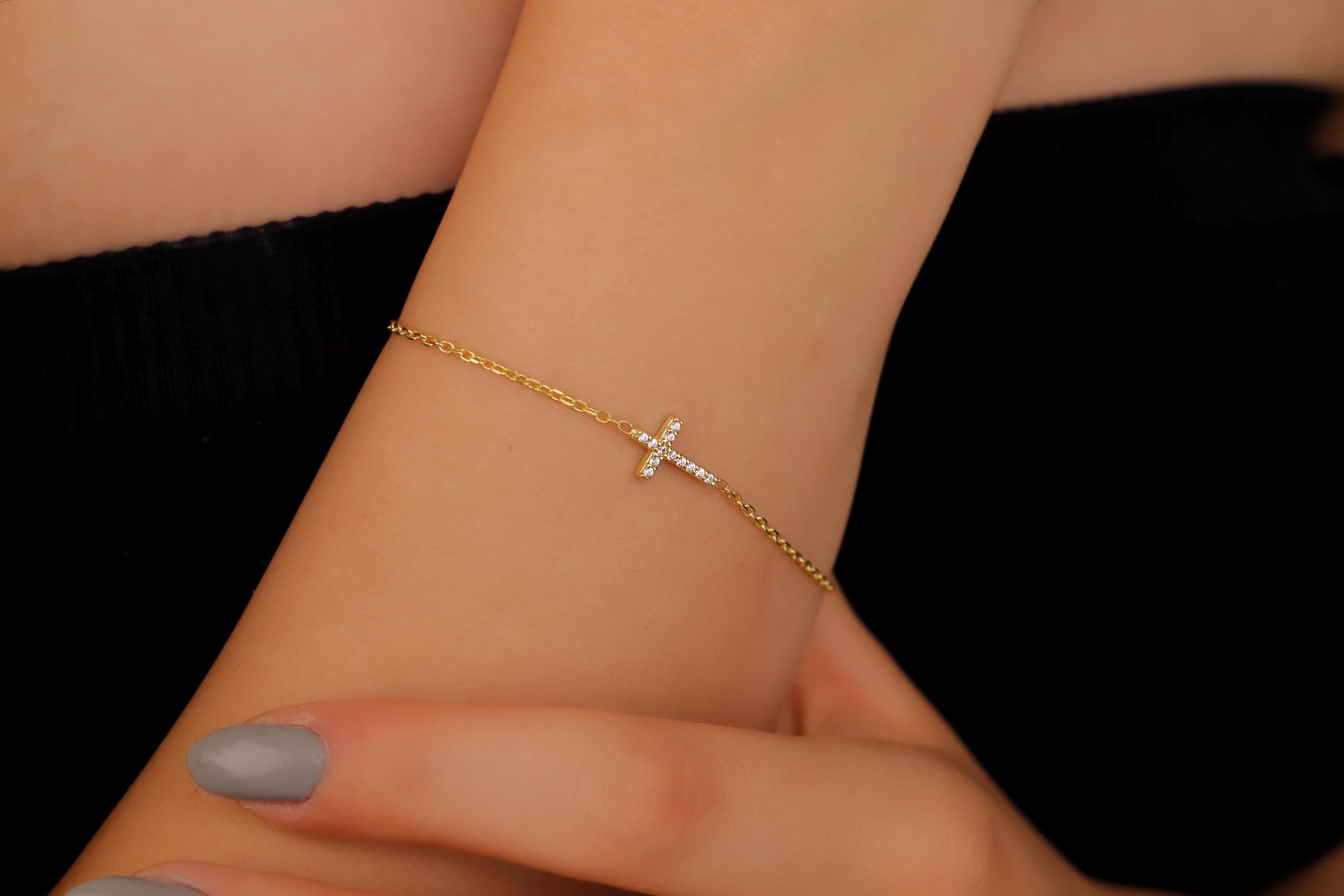 Gleam & Grace Gold Cross Bracelet with Diamond - Dainty Gift for Women