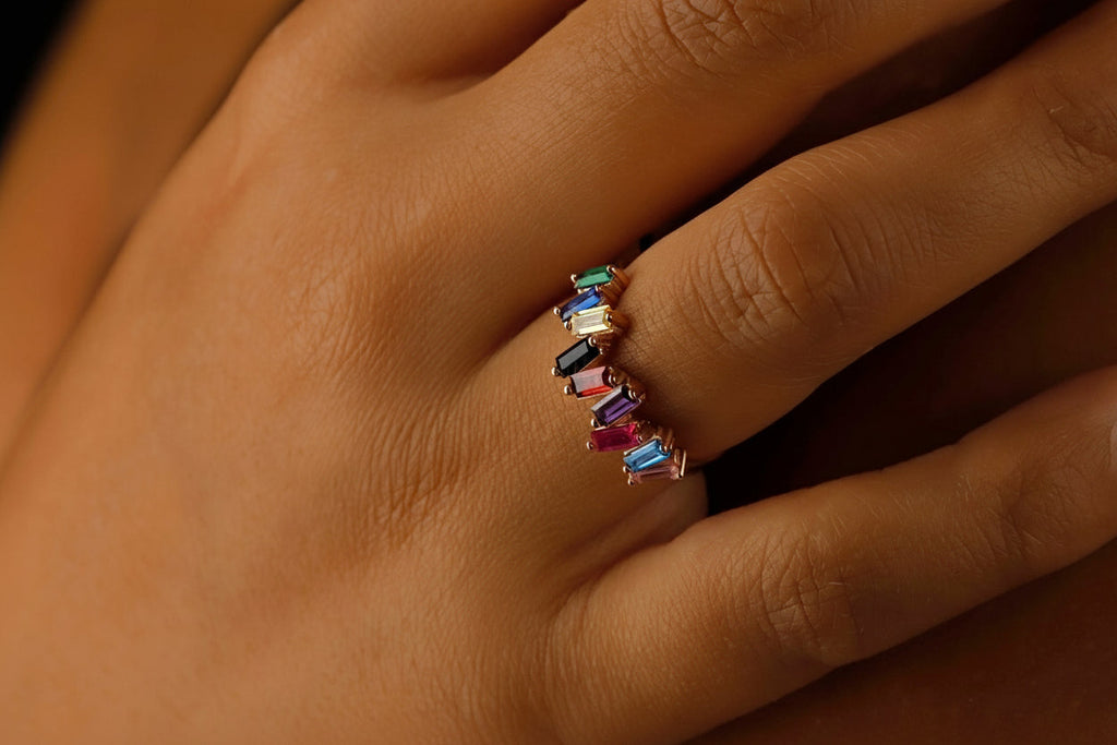 Dainty Baguette Ring with Multicolor Gemstones in 925 Sterling Silver