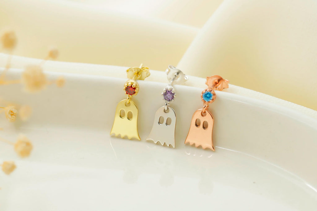 Cute Ghost Stud Earrings with Sparkling Cubic Zirconia - Perfect Halloween Gifts for Her