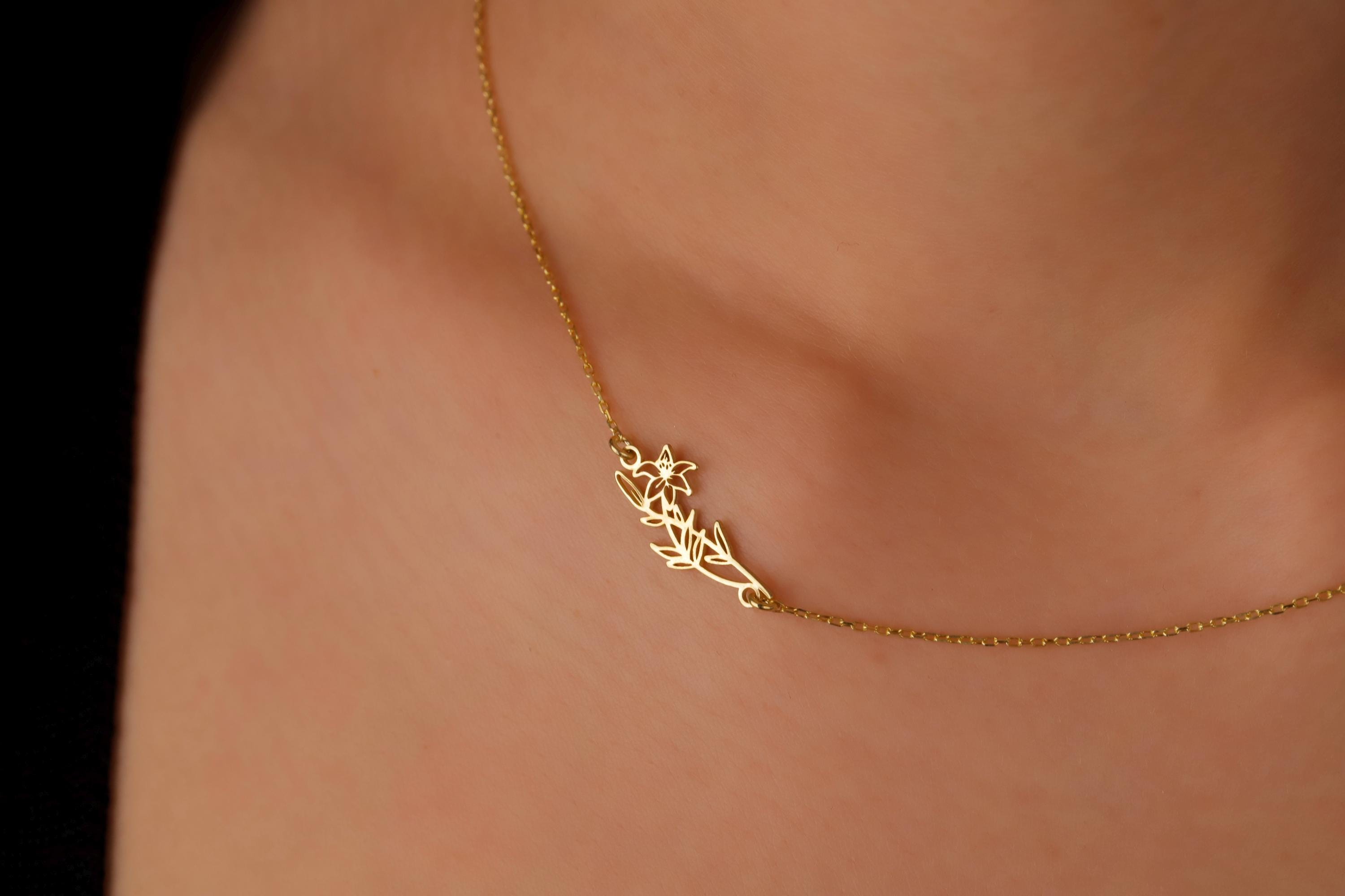Personalized Sideways Birth Flower Necklace in 925 Sterling Silver