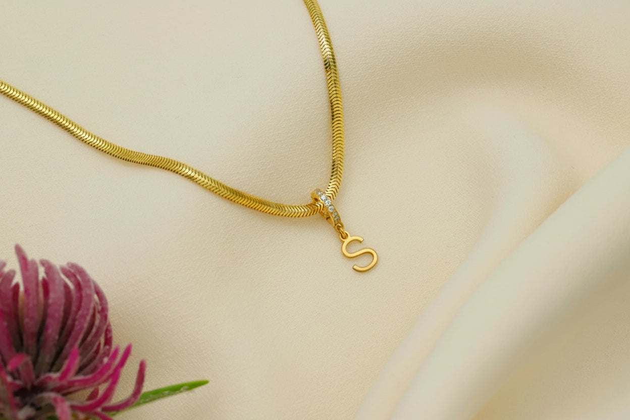 Elysian Jewelry Italian Snake Chain Initial Necklace - Dainty A-Z Letter Pendant