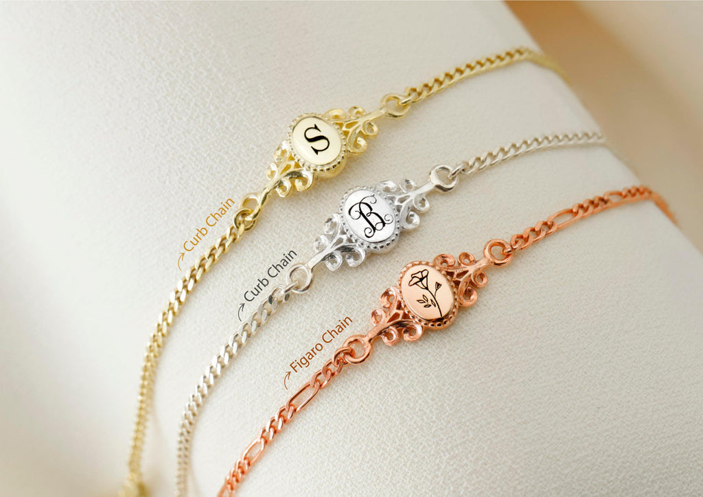 Personalized Vintage Letter Bracelet | 925 Sterling Silver | Birth Flower & Monogram Gift