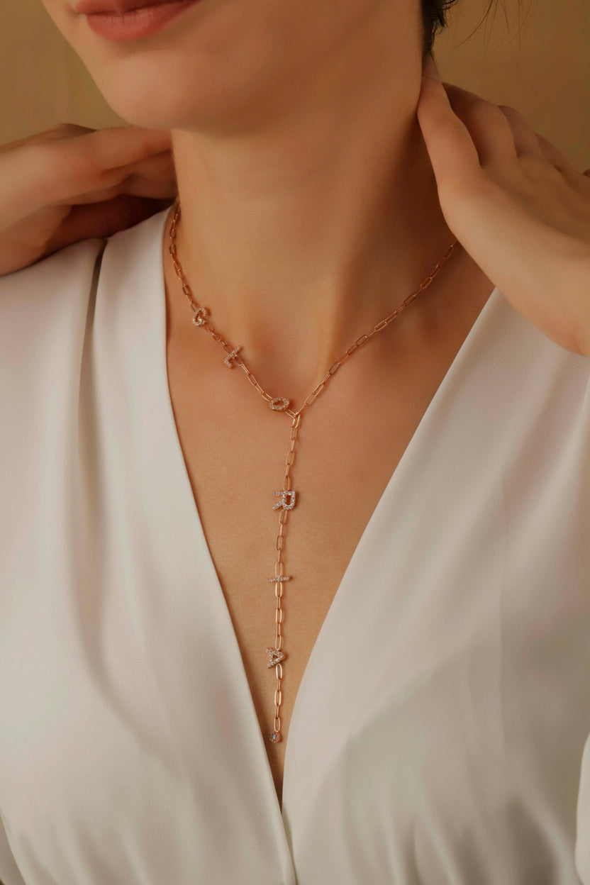 Lariat Y Necklace • Personalized Birthstone & CZ Letter Jewelry