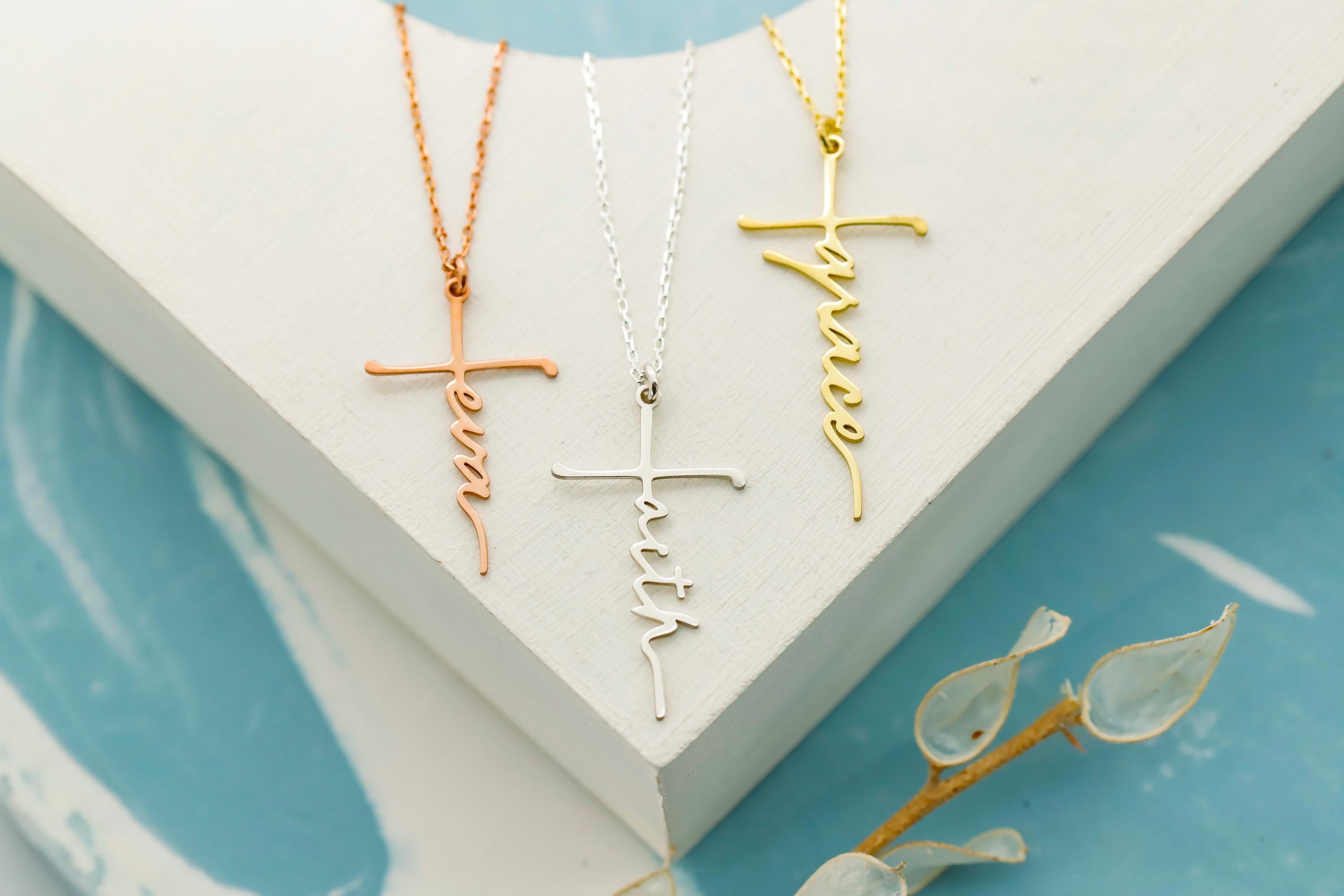 Personalized Faith Cross Name Necklace in Sterling Silver – Perfect Baptism Gift