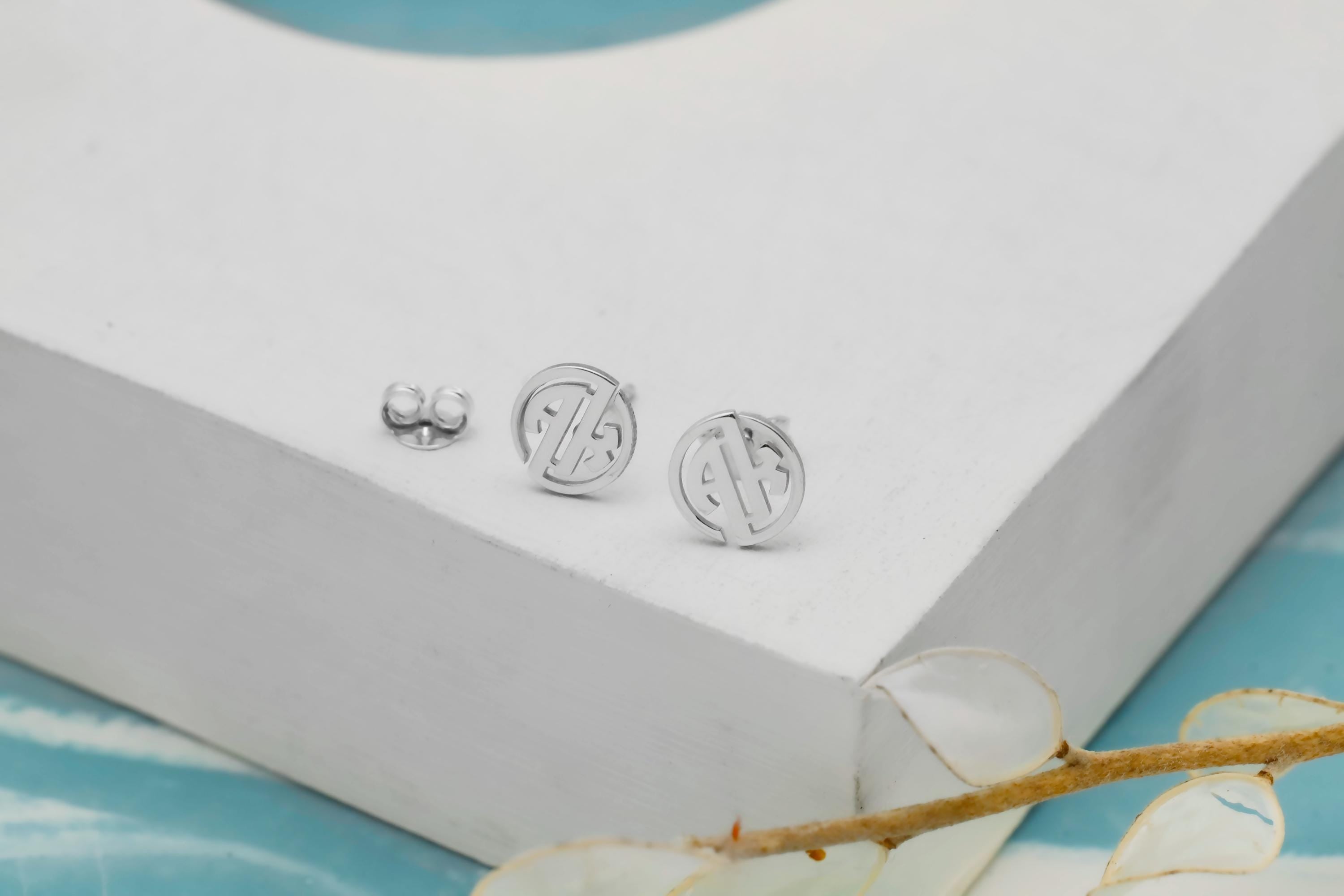 Custom Circle Monogram Earrings - Dazzling Sterling Silver Initials Studs