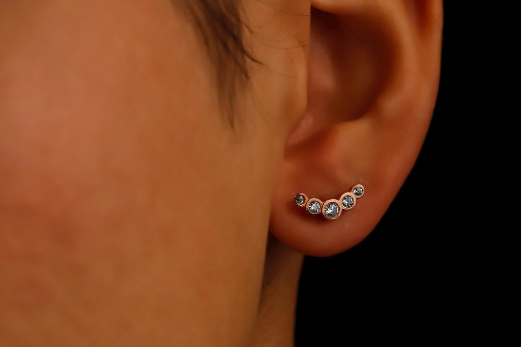 Tiny Climber Flat Back CZ Stud Earrings | 925 Sterling Silver | Five Stone Pave Design | Unique Gift for Her