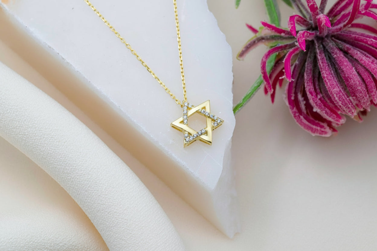 Starry Jewels 14K Gold Star of David Necklace - Pave Pendant for Hanukkah & Bat Mitzvah Gifts