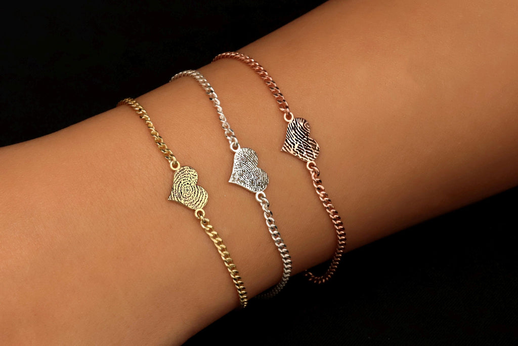 Fingerprint Heart Bracelet - Custom Sterling Silver Engraved Heart Jewelry - Personalize with Your Loved One's Fingerprint