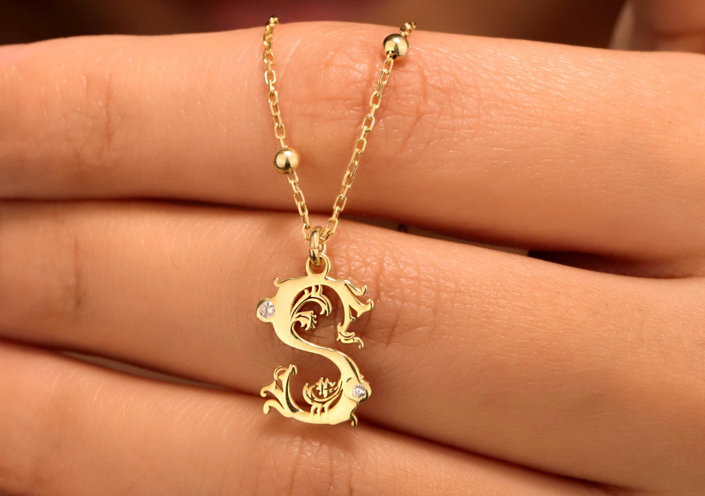 Gold Initial Necklace with CZ Stone | Unique Beaded Ball Chain Monogram Jewelry