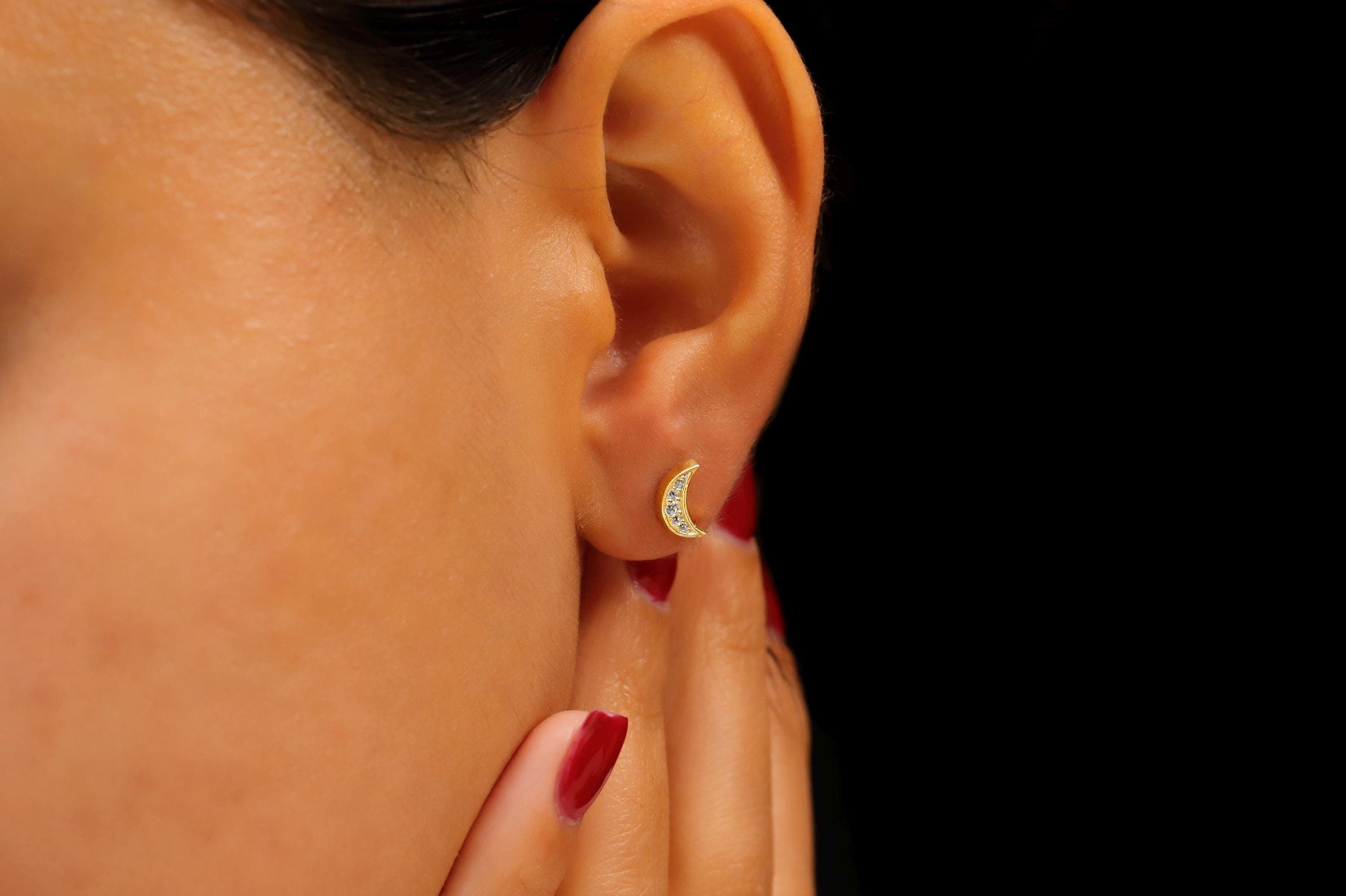 Luna Luxe Crescent Moon Studs • Dainty CZ Stone Earrings in Sterling Silver, Rose Gold, and Gold