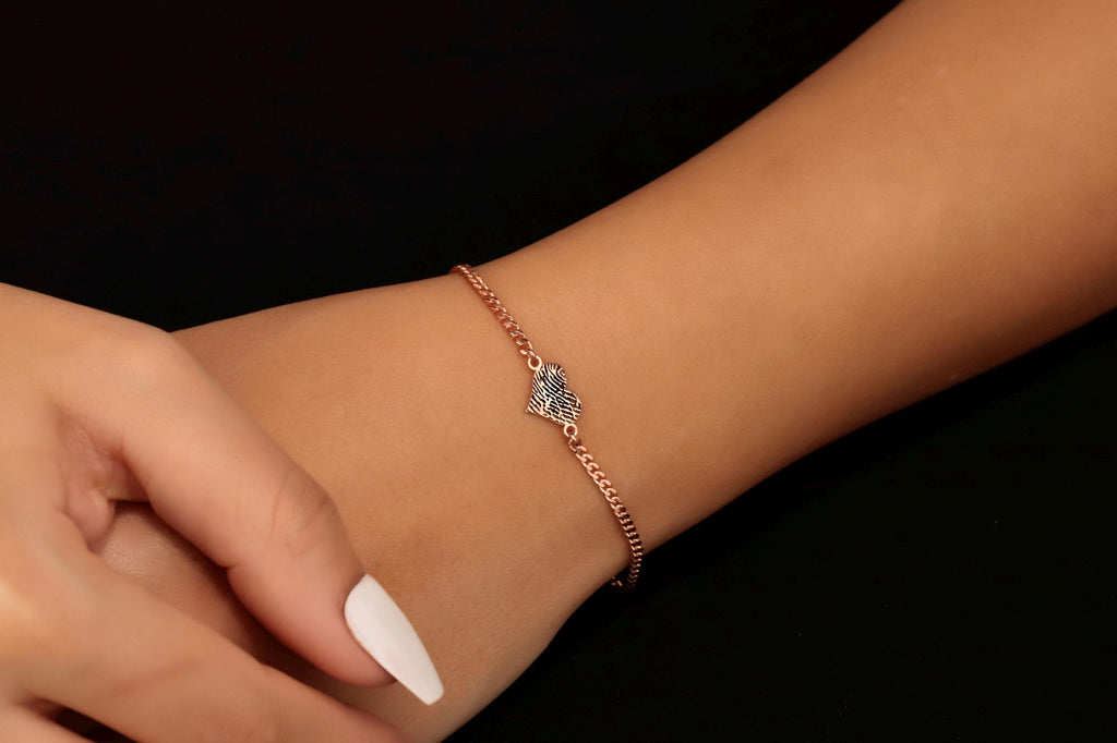 Fingerprint Heart Bracelet - Custom Sterling Silver Engraved Heart Jewelry - Personalize with Your Loved One's Fingerprint