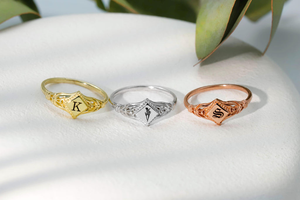 Bloom & Blossom Birth Month Flower Signet Ring - Custom Initial Pinky Ring - Dainty Goth Jewelry Gift