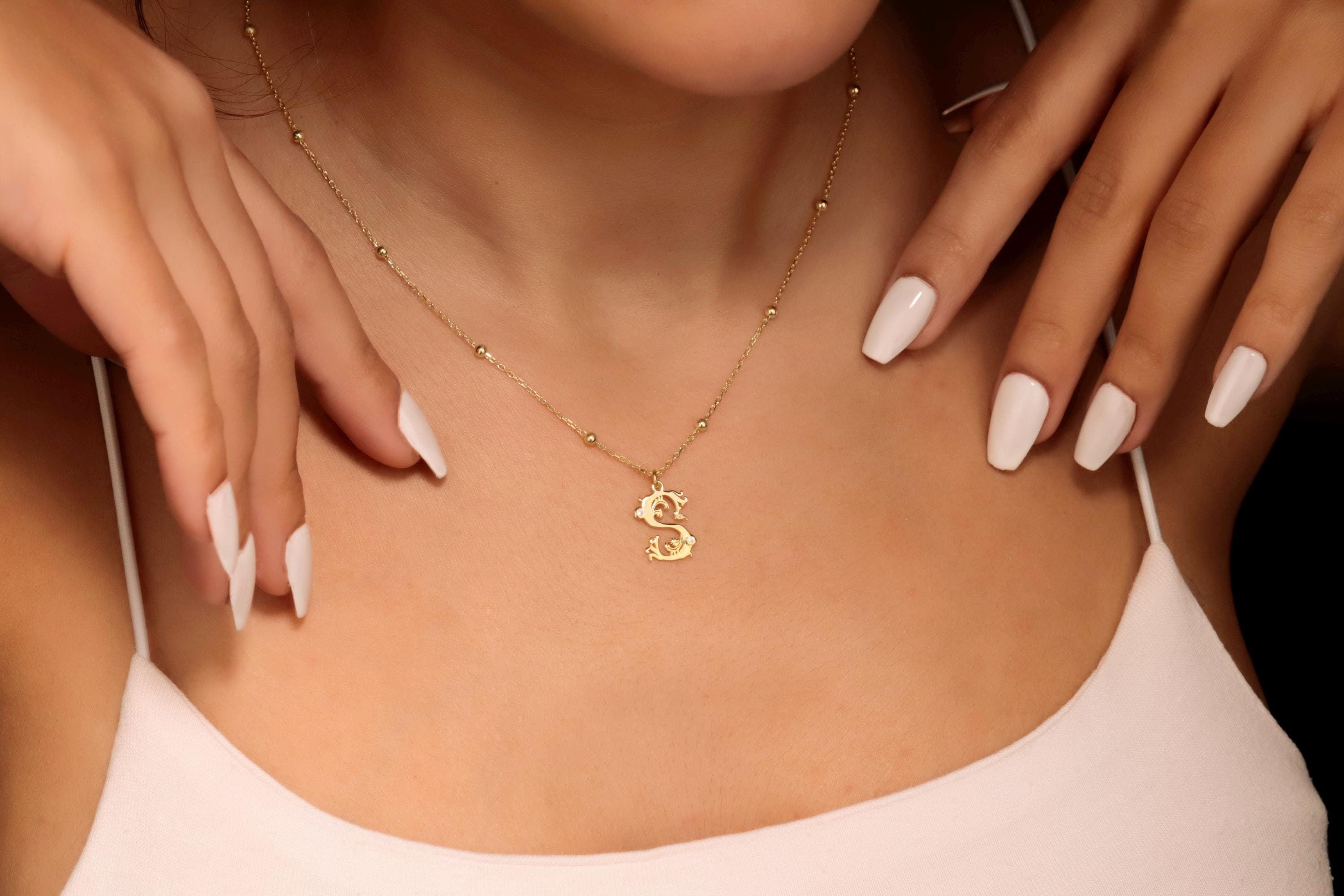 Gold Initial Necklace with CZ Stone | Unique Beaded Ball Chain Monogram Jewelry