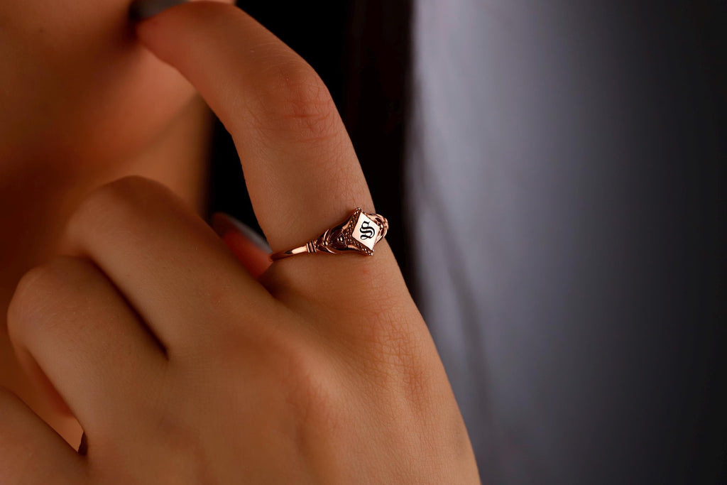 Bloom & Blossom Birth Month Flower Signet Ring - Custom Initial Pinky Ring - Dainty Goth Jewelry Gift