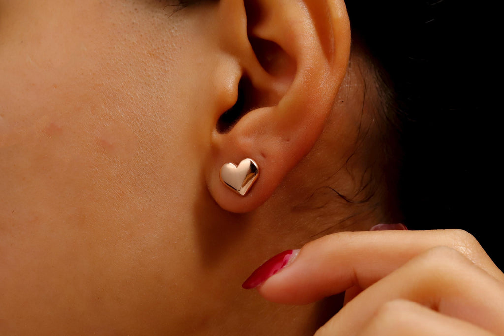 SilverGoldandRose Puff Heart Charm Stud Earrings - Romantic Minimalist Jewelry for Anniversaries
