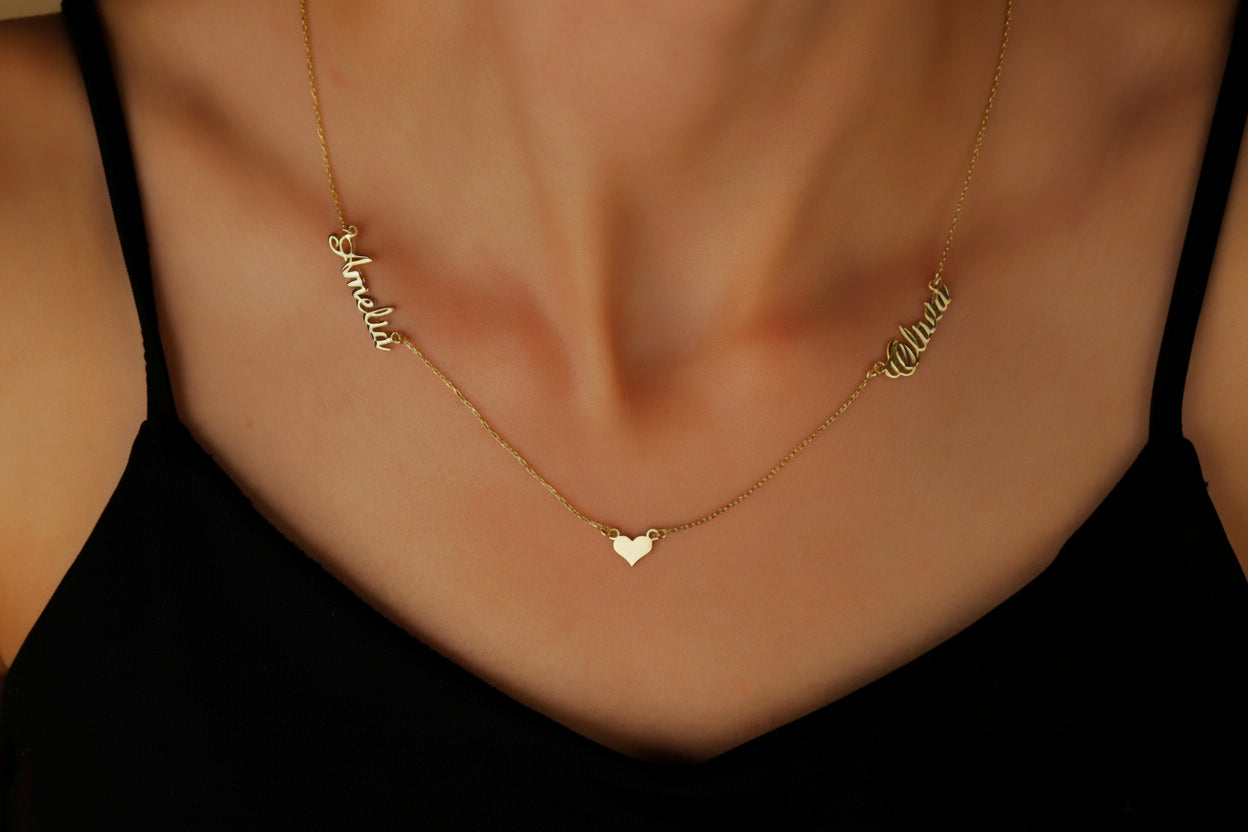 Gold Charm Co. Personalized Gold Heart Necklace with Two Names – Dainty Gift for Her in Gold, Rose & Silver