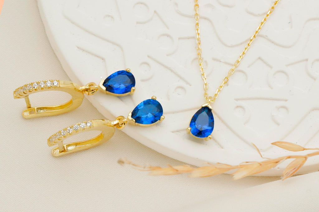 14K Gold Sapphire Jewelry Set - Elegant Sterling Silver Drop Earrings & Necklace for Timeless Style