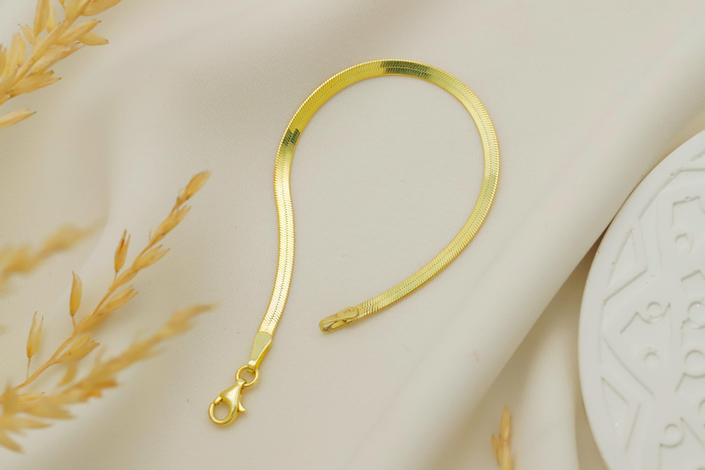 14K Gold Herringbone Bracelet - Exquisite Handmade Italian Design in Sterling Silver