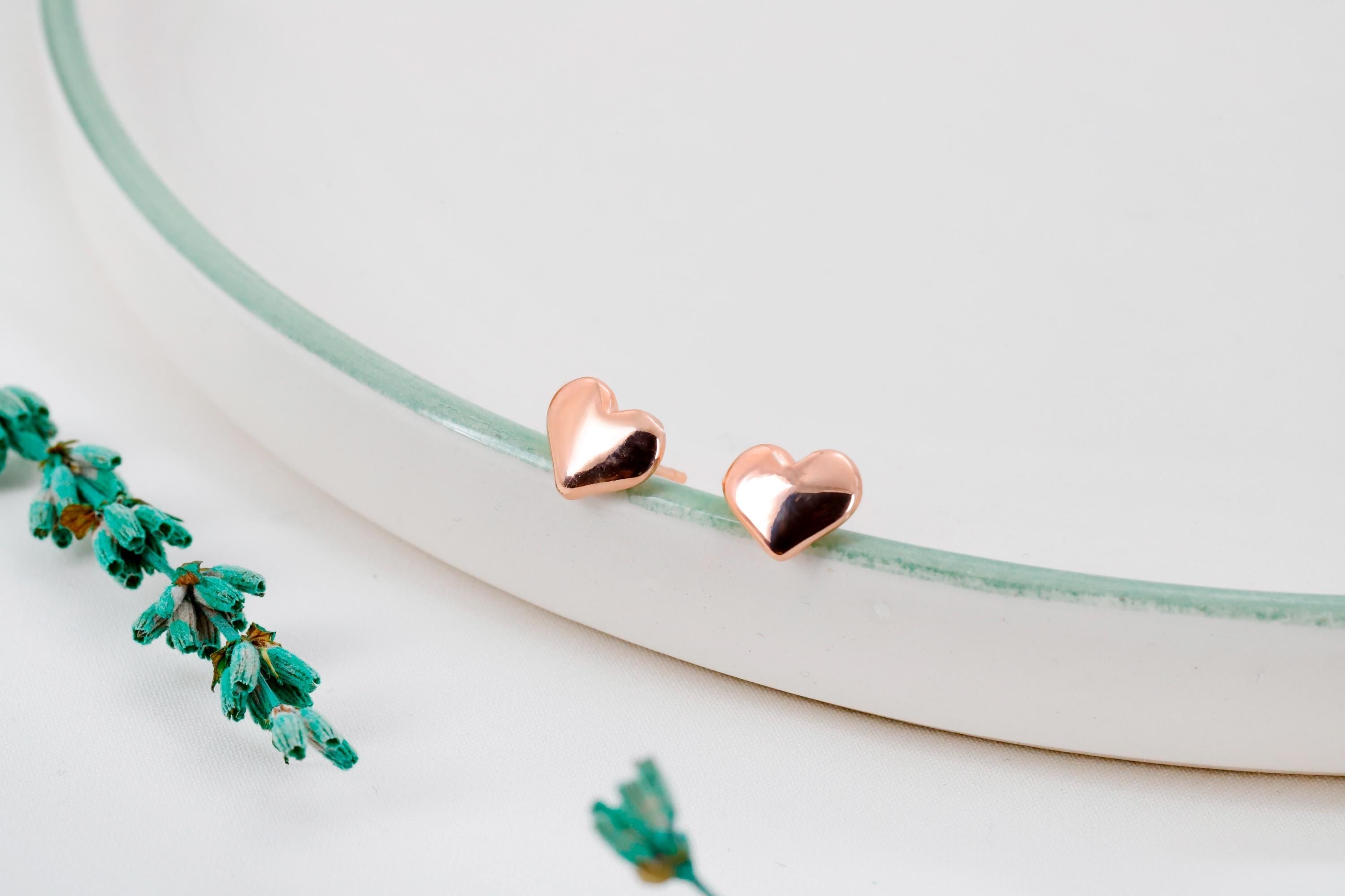 SilverGoldandRose Puff Heart Charm Stud Earrings - Romantic Minimalist Jewelry for Anniversaries