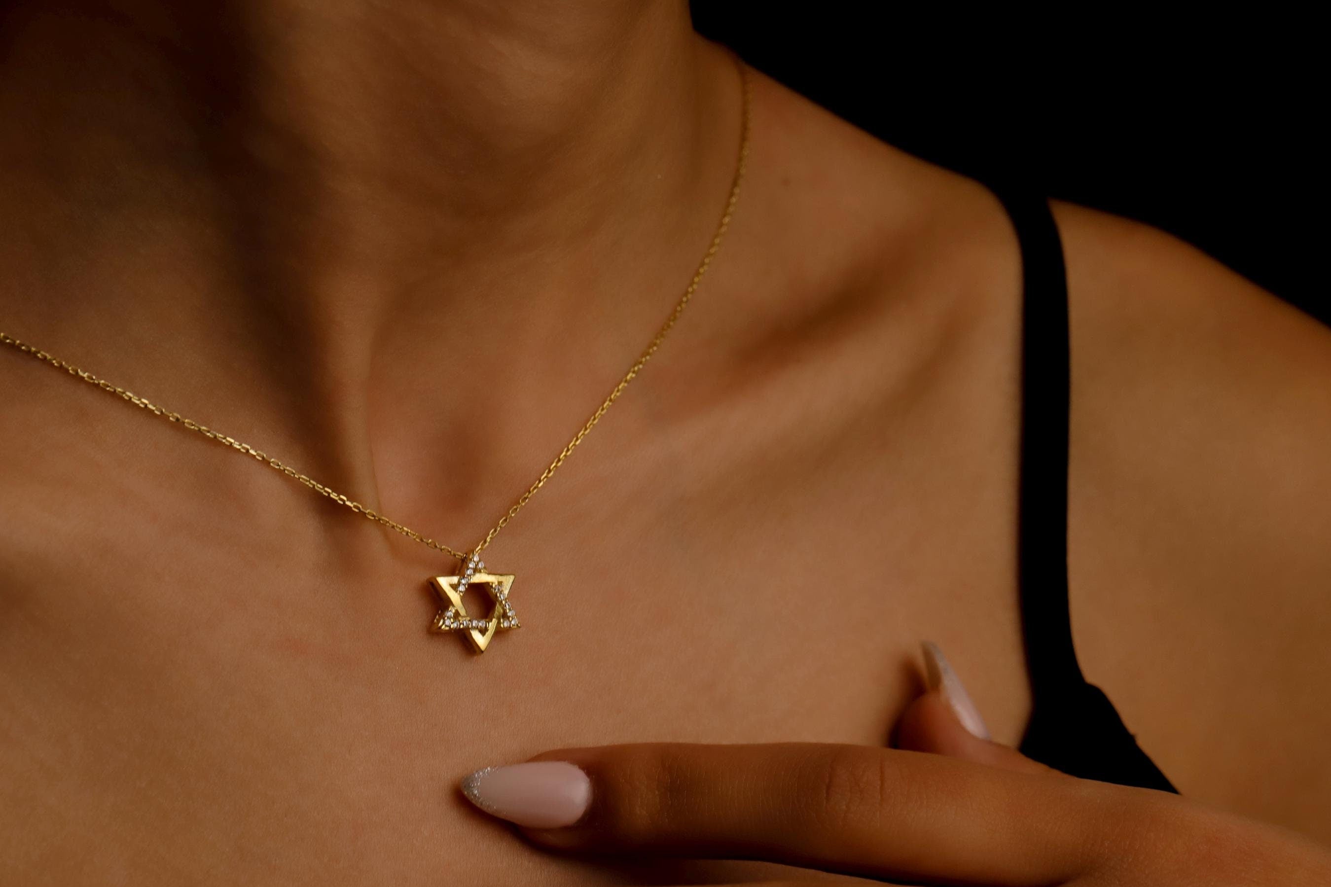Starry Jewels 14K Gold Star of David Necklace - Pave Pendant for Hanukkah & Bat Mitzvah Gifts