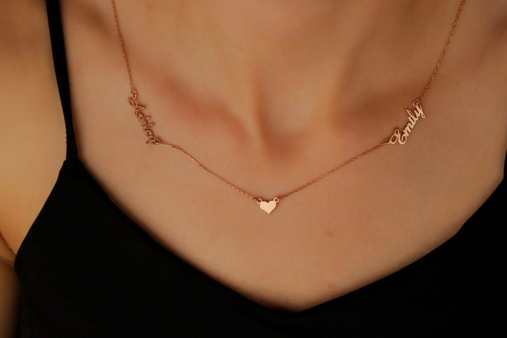 Gold Charm Co. Personalized Gold Heart Necklace with Two Names – Dainty Gift for Her in Gold, Rose & Silver