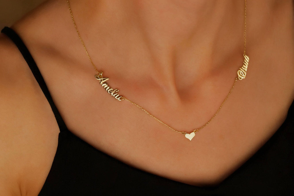 Gold Charm Co. Personalized Gold Heart Necklace with Two Names – Dainty Gift for Her in Gold, Rose & Silver