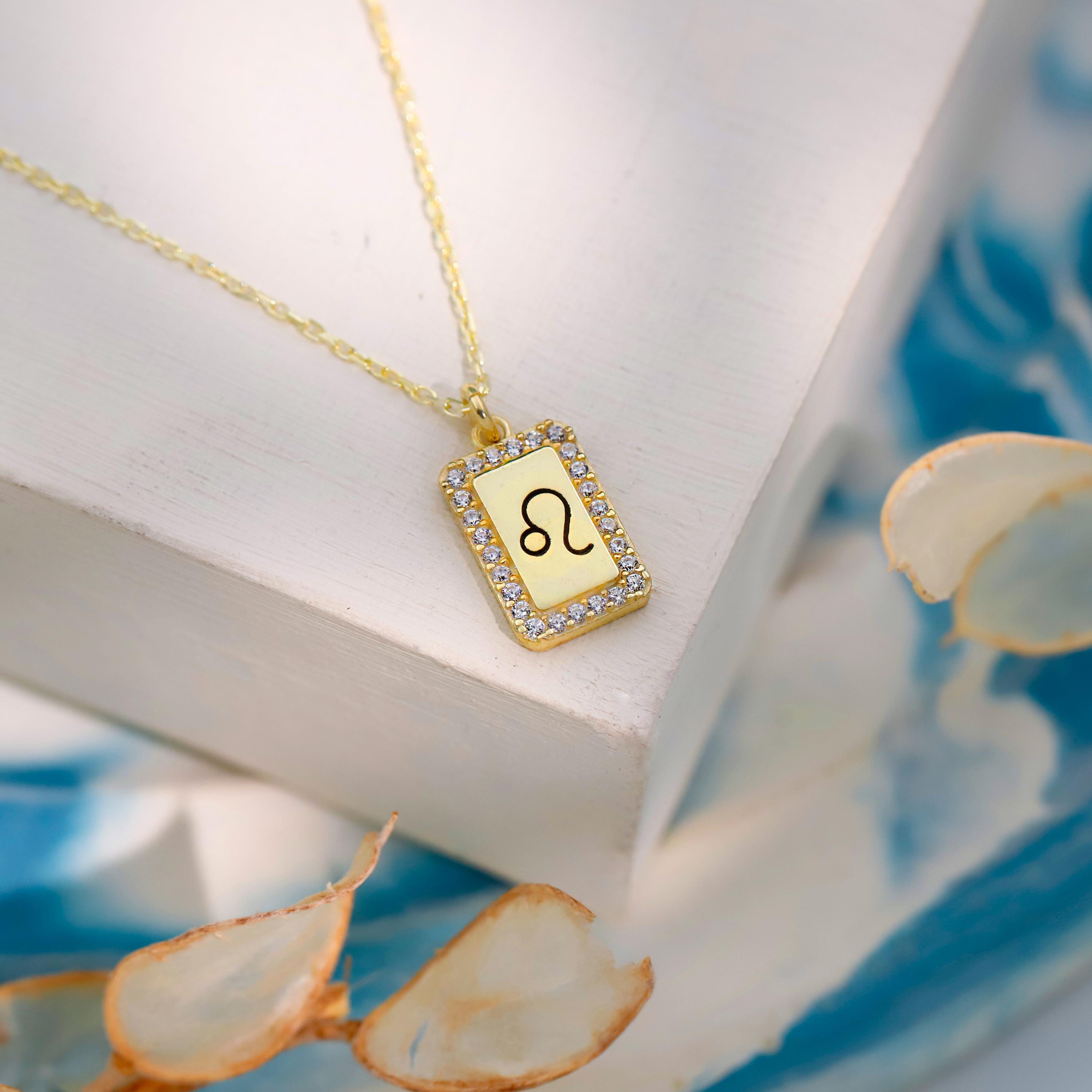 Elegant Personalized Initial Zodiac Engraving Necklace on Tag Pendant in Sterling Silver