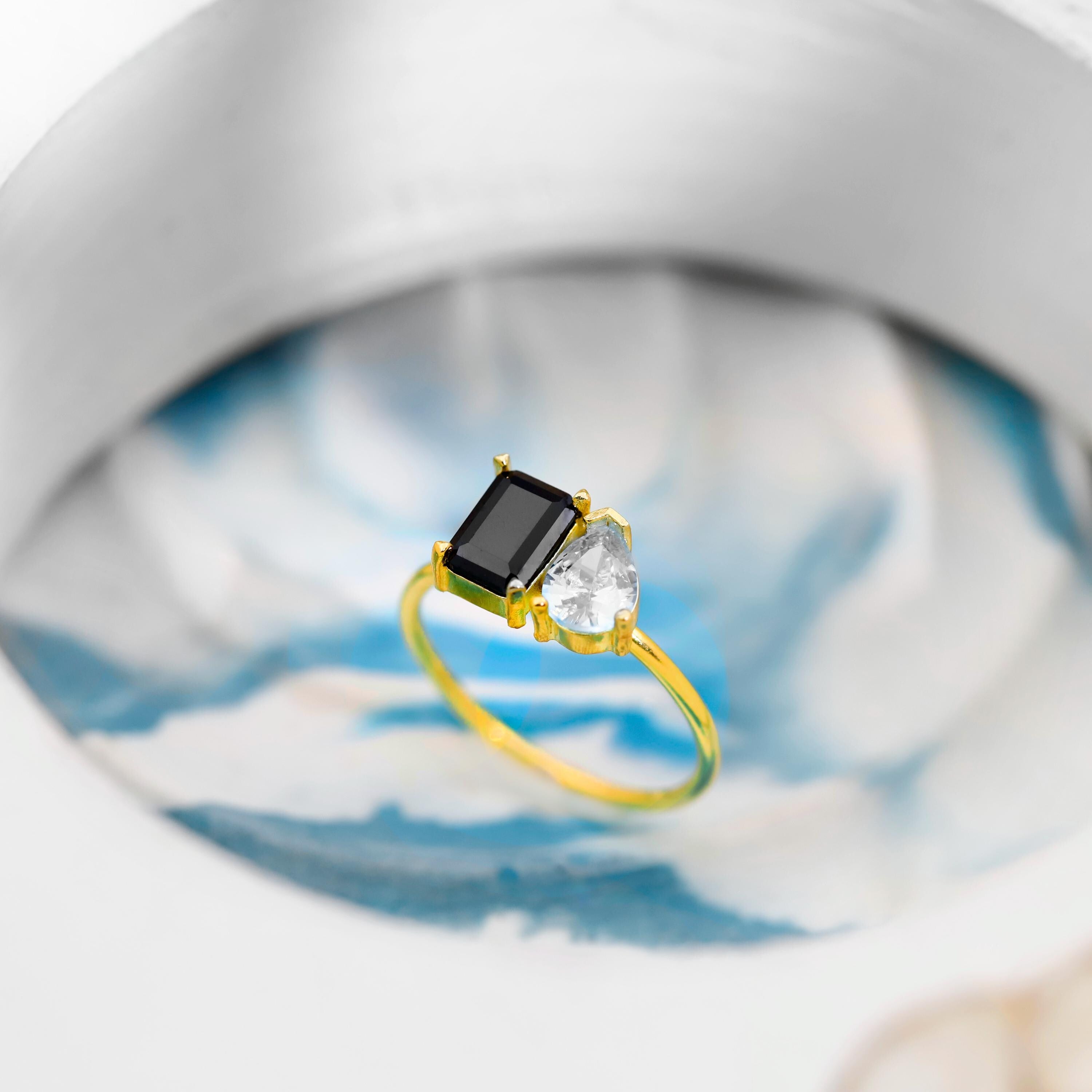 Toi Et Moi Double Birthstone Ring - Sterling Silver Heart & Baguette Design