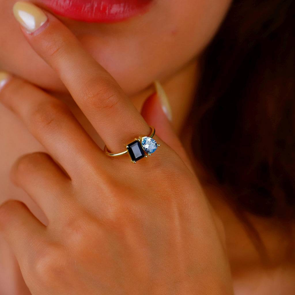 Toi Et Moi Double Birthstone Ring - Sterling Silver Heart & Baguette Design