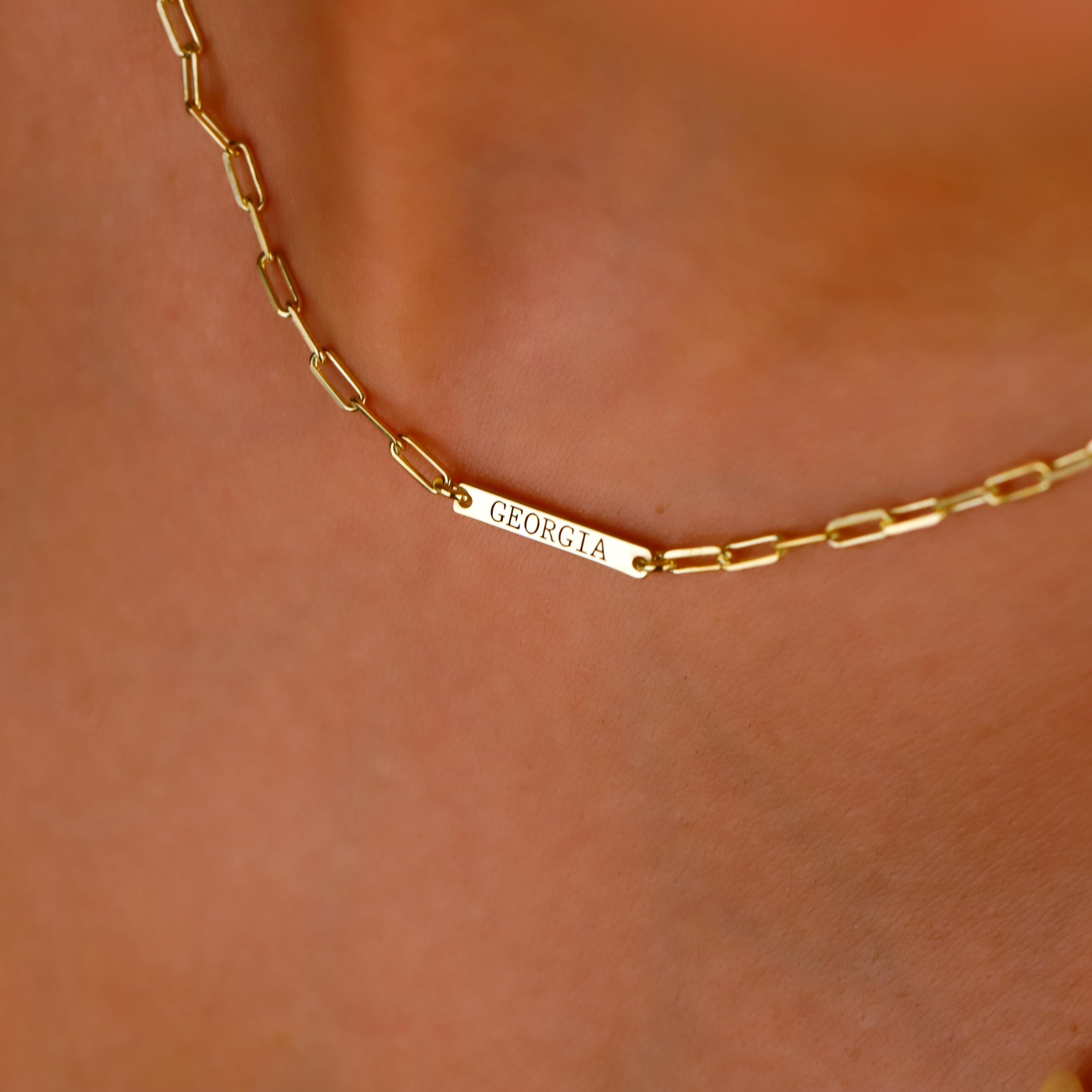 Personalized Engraved Bar Necklace | Sterling Silver & Rose Gold on Paperclip Chain