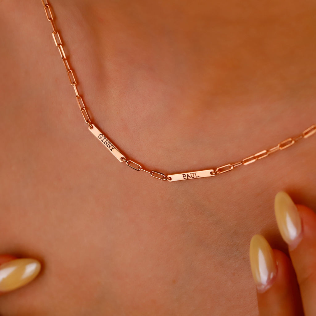 Personalized Engraved Bar Necklace | Sterling Silver & Rose Gold on Paperclip Chain