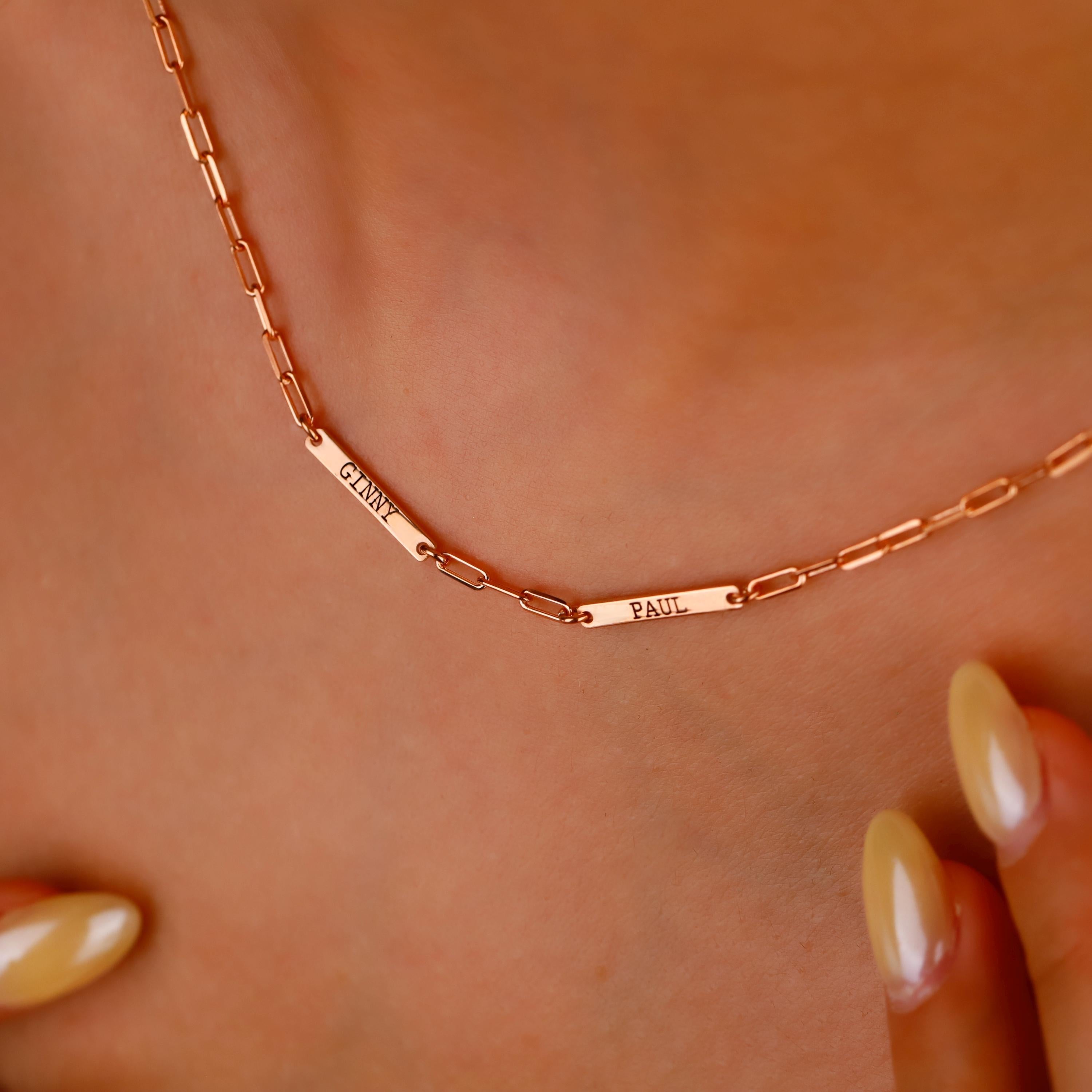 Personalized Engraved Bar Necklace | Sterling Silver & Rose Gold on Paperclip Chain