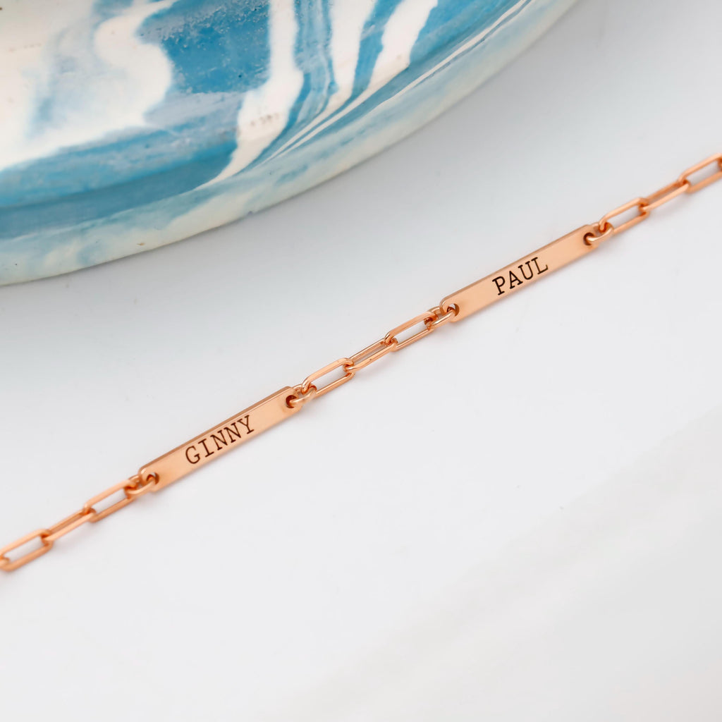 Personalized Engraved Bar Necklace | Sterling Silver & Rose Gold on Paperclip Chain