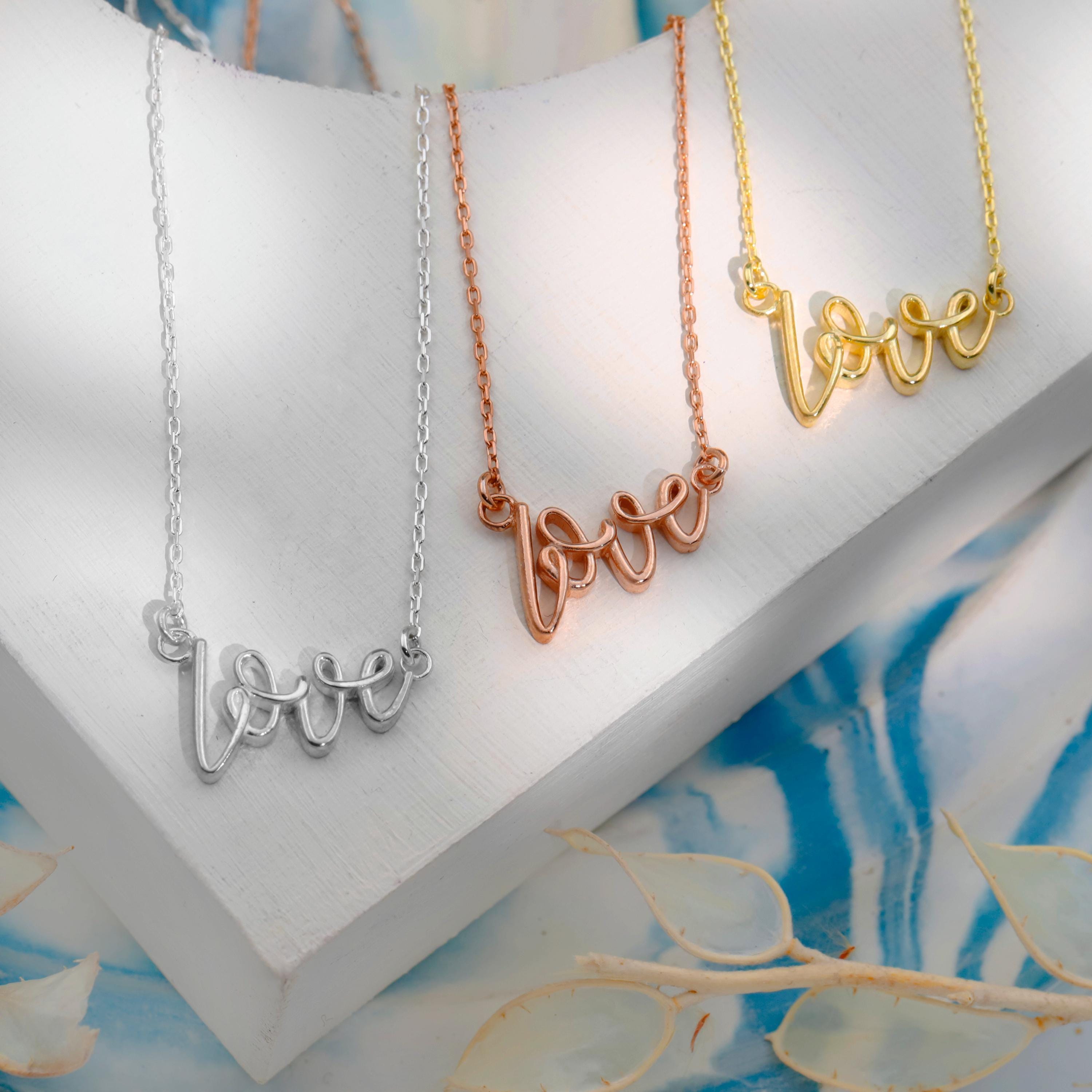 Dainty Love Necklace by SilverGoldandRose - 3D Design in Sterling Silver, Gold &amp; Rose Gold